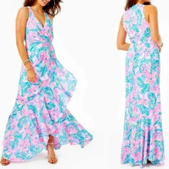 Lilly Pulitzer Maxi Dress Size 8 Taylee Blue Ibiza Gimme the Juice Blue/Pink - Picture 3 of 16